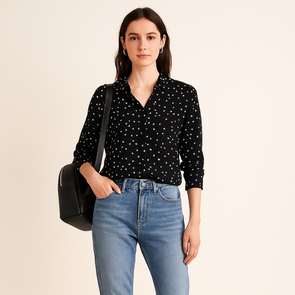 Mango Black Star Print Button Down Shirt
